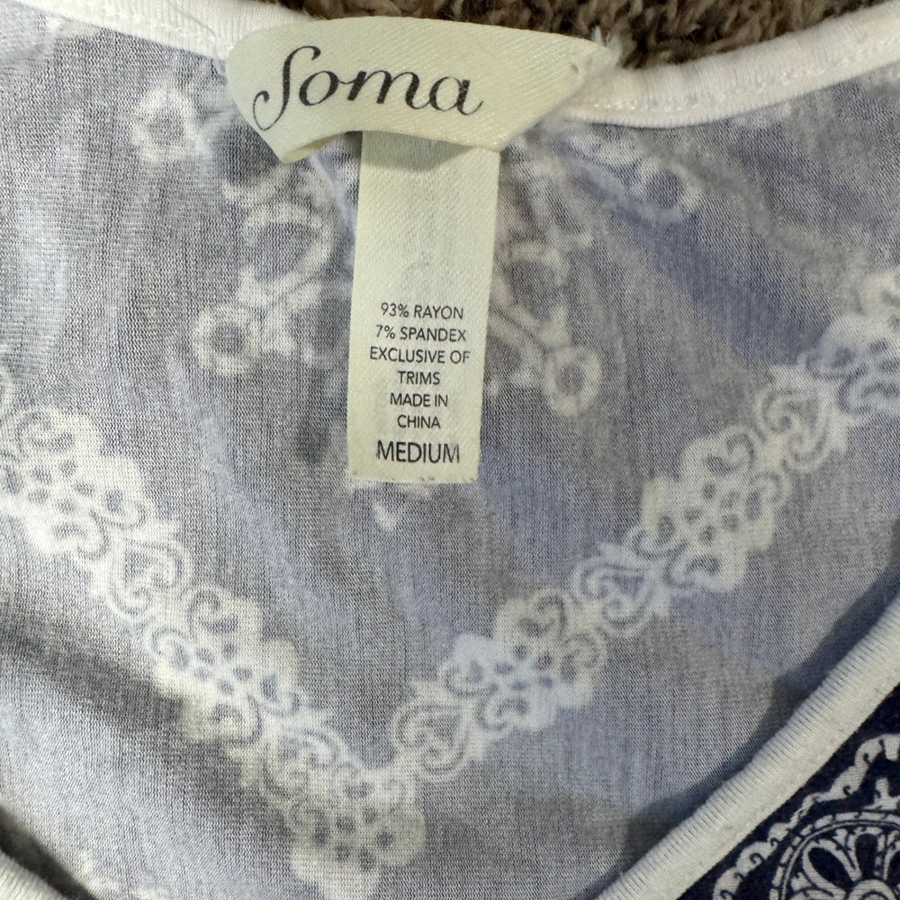 Soma Intimates Navy Blue White Medallion Print Lace Trim Nightgown Chemise Med - Picture 3 of 5